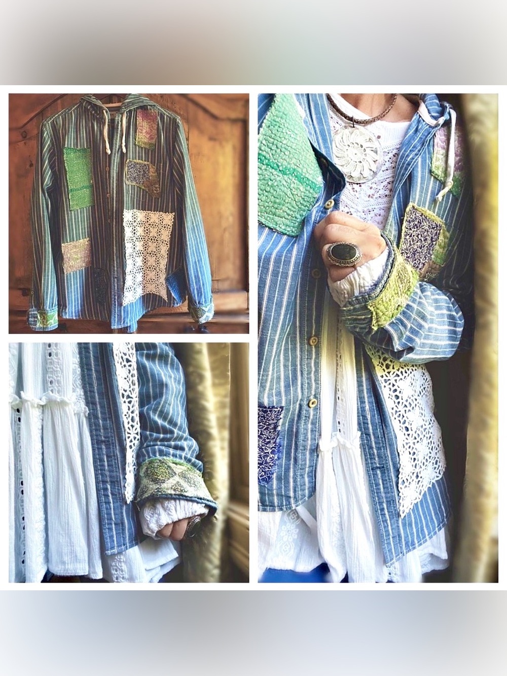 Artisan Blue Striped Button-Down Shirt with Patchwork ptp 22” length 28”
